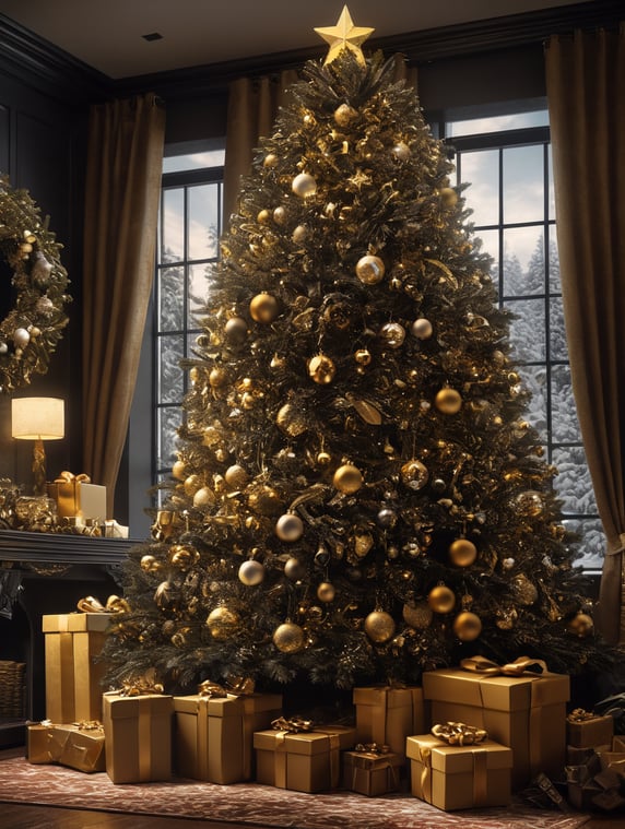 Luxury black and gold Christmas present robbery next to Christmas tree