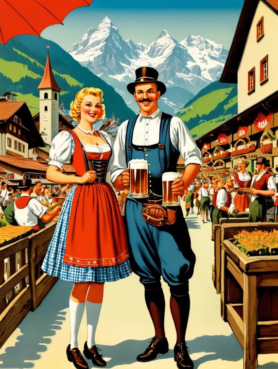 Switzerland, vintage Octoberfest postcard illustration