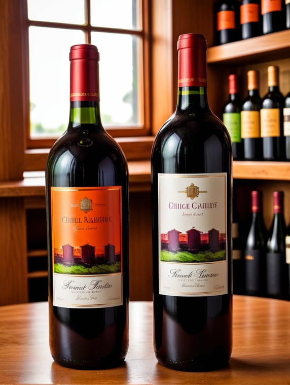 two bottles of red wine with labels illustrated by a kindergarten child with vibrant colors, the bottles made of orange and fluorescent green acrylic.; dos botellas de vino tinto con etiquetas ilustradas por un niño de kinder con colores vibrantes, las botellas que sean de acrilico de color naranja y verde fosforescente.