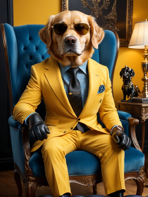a sleek looking golden retriever, sitting on a tufted blue velvet chair with, bright yellow background, wearing an expensive 3 piece checkered suit, with very large dark sunglasses, hands in lap, full body with black shiny shoes, black leather gloves, black leather shoes, facing front, super crisp, photographic canon 80d, daylight, bold, fantastic