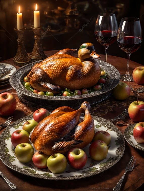 Photo of a baked duck with apples on a beautiful plate. Glasses of wine on the table.