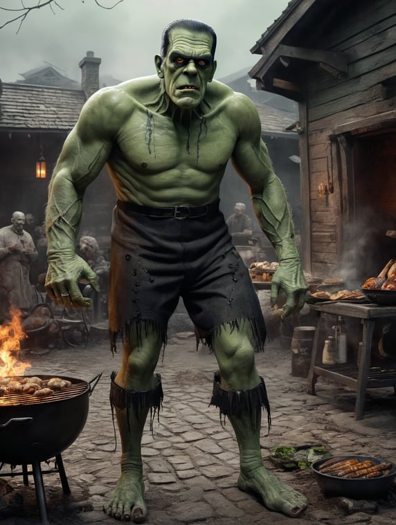 cartoon full body image of Boris Karloff as Frankenstein's Monster, Green Skin, muted color palette, atmospheric, creepy, intricate detail, reanimated corpse, scar tissue, decomposing, starring eyes, horror, horrific, bolts sticking out of sides of neck, gangrene, veins, mutilated, stitches on forehead, standing next to barbecue grill