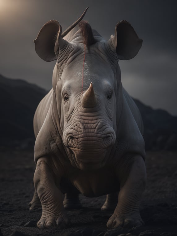 White and red rhino with octopus beard, dark scene, dark atmosphere, epic shot, sharp on details
