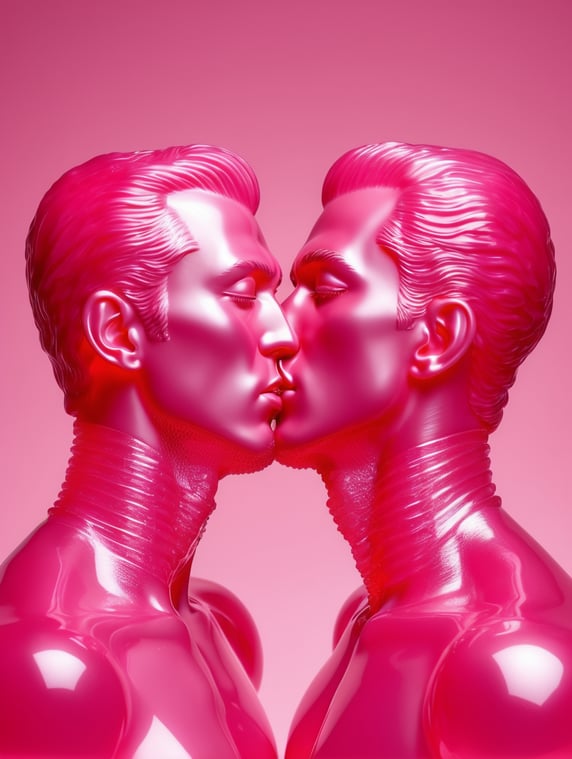 Kiss Art: Two pink translucent wax figures kissing each other, isolated, pink background