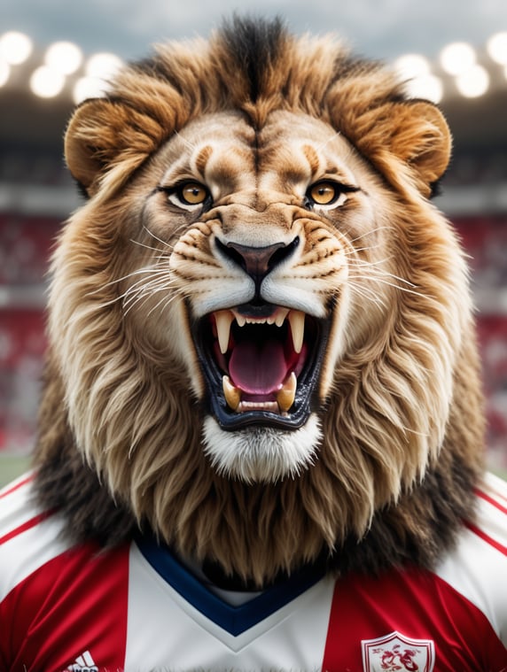 Hyperrealistic image, portrait of a roaring lion dressed in a soccer jersey with red and white stripes, defocused soccer stadium background.