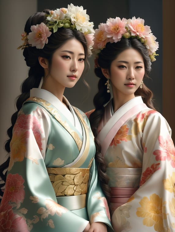 half body photo of two Japanese women dressed like flower queens, the man has slightly curly hair, epic details, realistic, ray tracing, photorealistic, realistic human photo, ultra realistic, masterpiece; foto setengah badan dua perempuan jepang dengan pakaian seperti ratu bunga,pria memiliki rambut sedikit keriting, epic details, realistic, raytracing, photorealistic, realistic human photo, ultra realistic, masterpiece