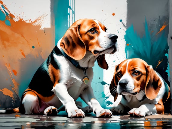 Two different beagles playing quietly together