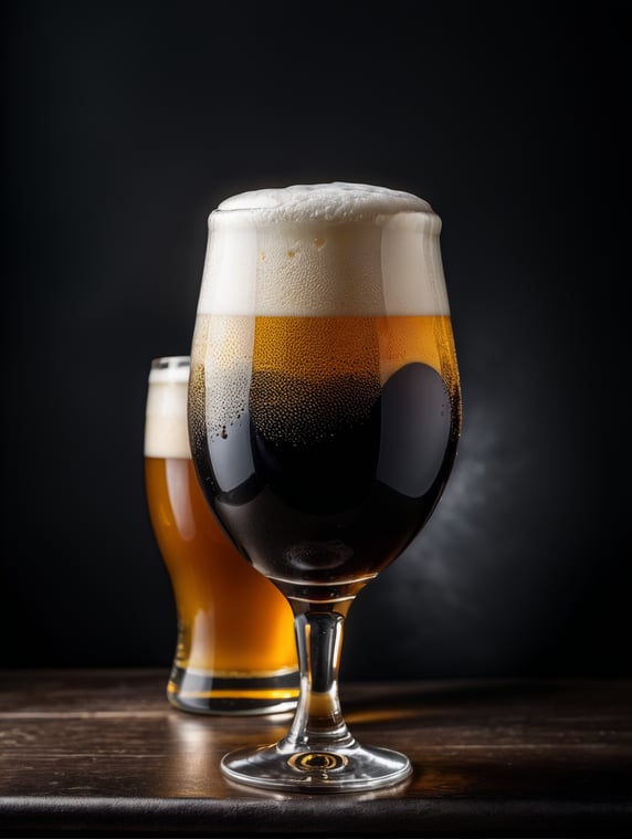 professional photo of a black beer glass, Beer foam coming out of a glass, isolated, black background