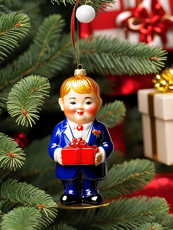 logo monlab small glass glass figure holding gift box, Christmas toy for the Christmas tree