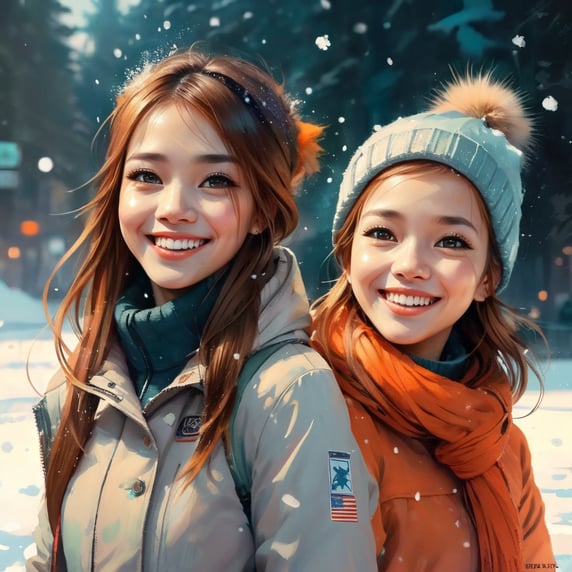 long shot, portrait of a cute 2girls, smiles, snow flakes, snow, winter