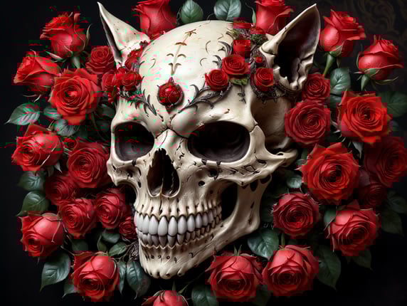 the cat's skull is surrounded by red roses