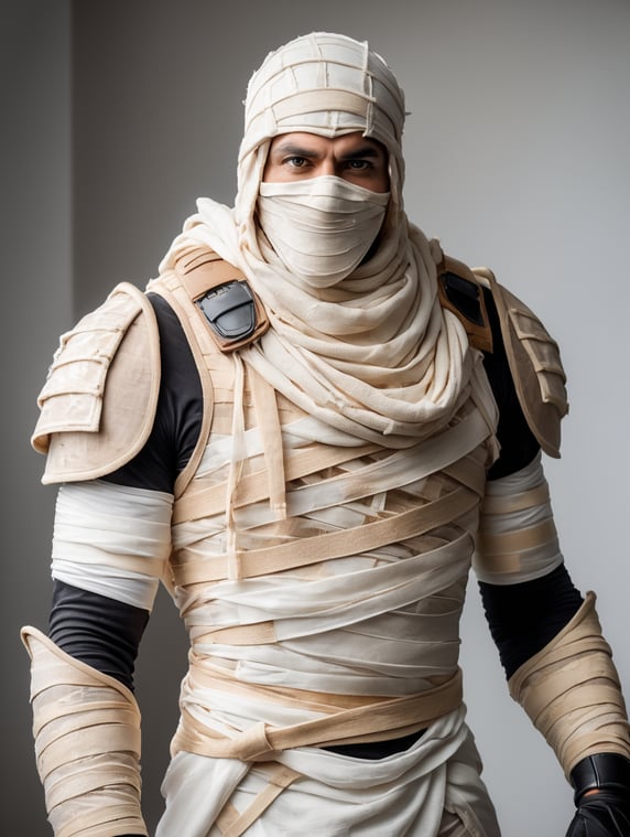 A photograph of mummy costume covered in bandages for a male character with fortnite style, halloween costume, white background, full body
