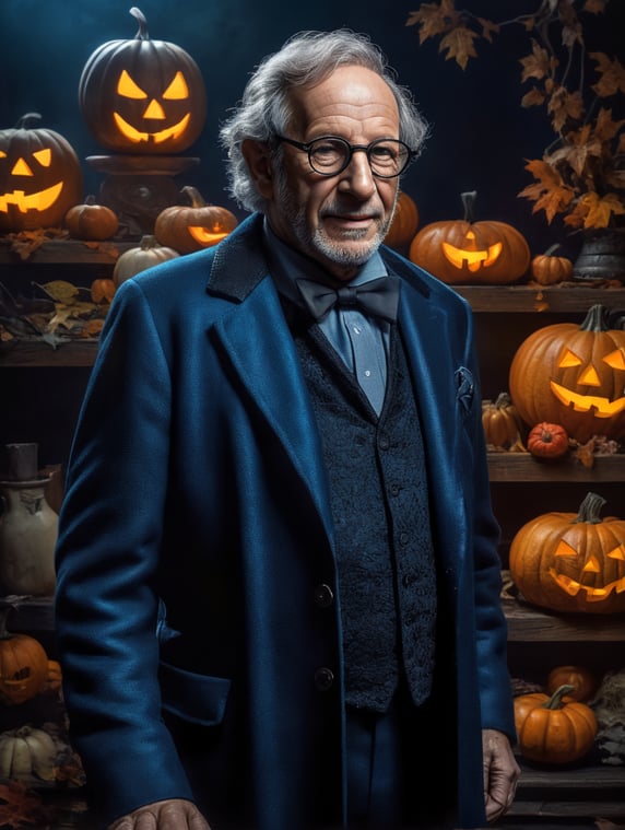Steven Spielberg in Halloween costume, retro style, 60s, Vivid saturated colors, Contrast color, Blue and black colors