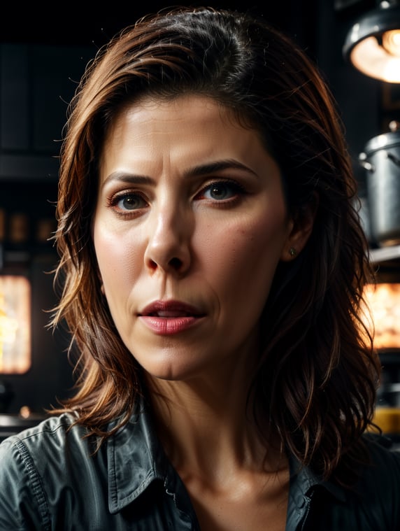 Marisa tomei with loving expression cooking. She is looking to the camera. Shi is in Spiderman aunt's may kitchen.