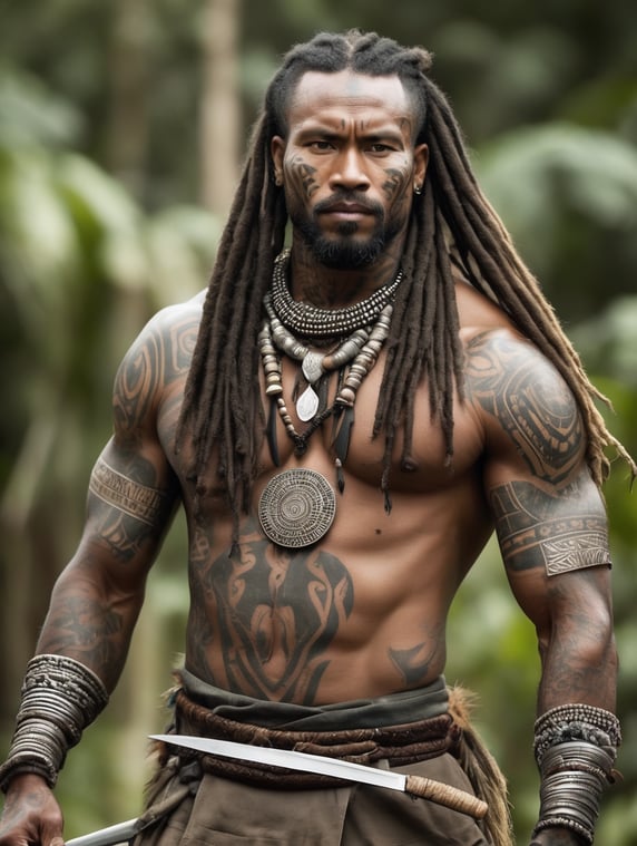 Long dreadlocks hair, brave warrior man, sharp knife body tattoo, Vanuatu. Tribal armor