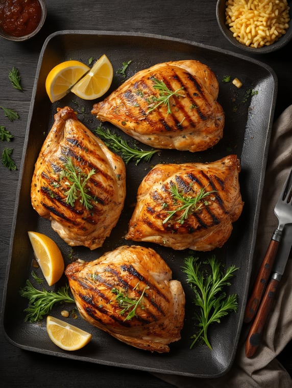 grilled chicken breast, golden in colour, beautifully light from behind, on a dark grey platter, on a wooden surface