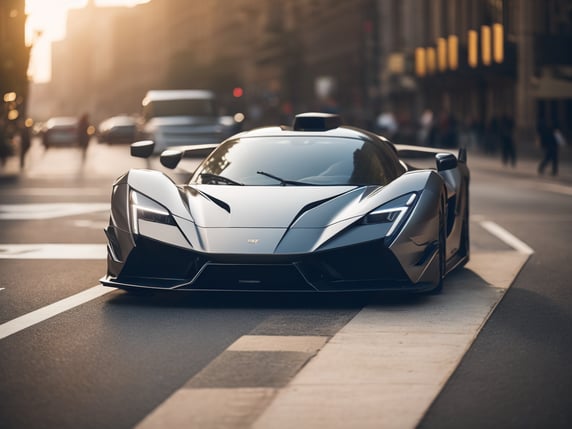 racing super car on a city street crosswalk, sunny day, high details