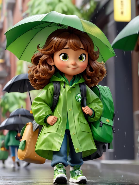 Girl walking down the street. Is behind. Wavy brown mane. He wears a long, green raincoat with a hood, jeans, and sneakers. He carries a green backpack on his back. He has an open black umbrella and euro bills are raining down.; Chica caminando por la calle. Está de espaldas. Melena costa ondulada, color marrón. Viste un chubasquero largo, color verde con capucha, jeans y zapatillas deportivas. Lleva una mochila verde en la espalda. Tiene un paraguas negro abierto y llueven billetes de euros.