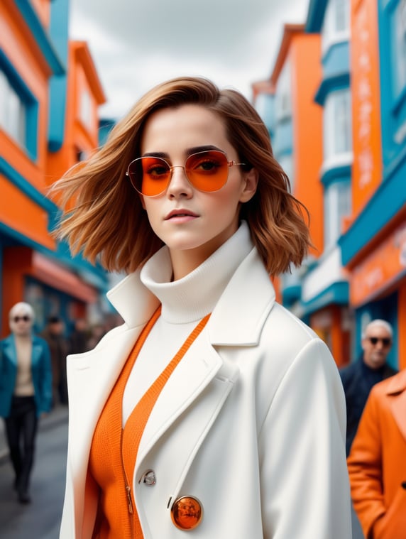 Front face half body photography of Emma Watson, in a suburb, a cyber woman model wearing a orange color sweater and wide open white coat and large sunglasses walking in the street, 360 degree view, art by sergio lopez, natalie shau, james jean and salvador dali