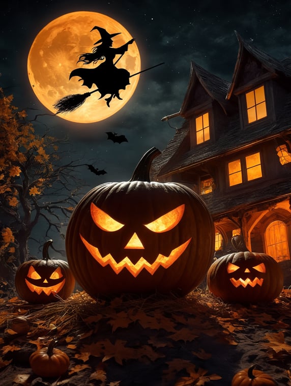 Halloween pumpkin scene, dramatic lighting at night, around the pumpkin, but in the night sky the silhouette of a witch flying on a broomstick, crescent moon and stars. Depth of field.