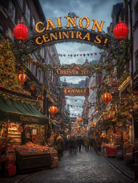 A festive looking sign at the entrance to a street fair that says "Canon Central". Like the sign above the road at the Carnaby Street Christmas Fair.