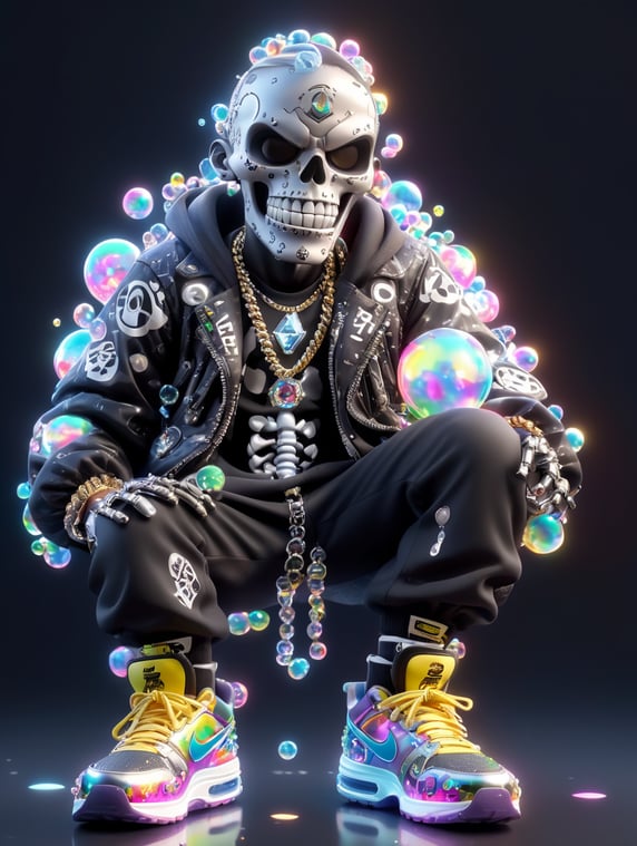 3d model unreal engine render of a full body portrait shot of VVS Diamond Covered with Diamond Cluster Gamer Skeleton character as a shiny metal roman sculpture playing video games covered in bright graffiti and iridescent bubbles, wearing high fashion Clothing and Nike Air Max 1 '86 OG "Doernbecher" Shoes, big diamond chain, big diamond teeth, urban street wear. reflective perfect black studio Lighting with bright rim light high contrast ultra sharp