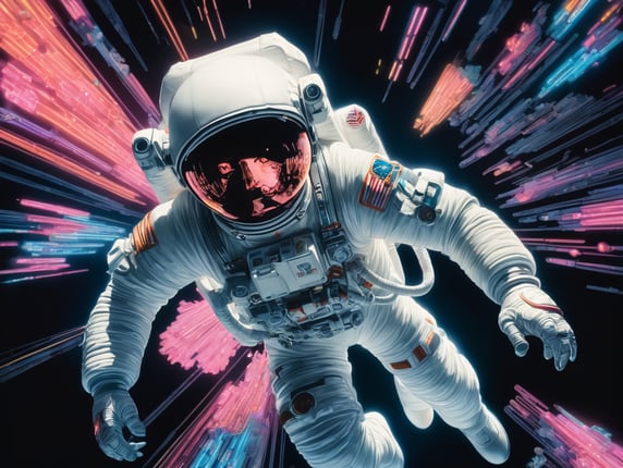 Design an astronaut in katsuhiro otomo style flying in dark space neon lights
