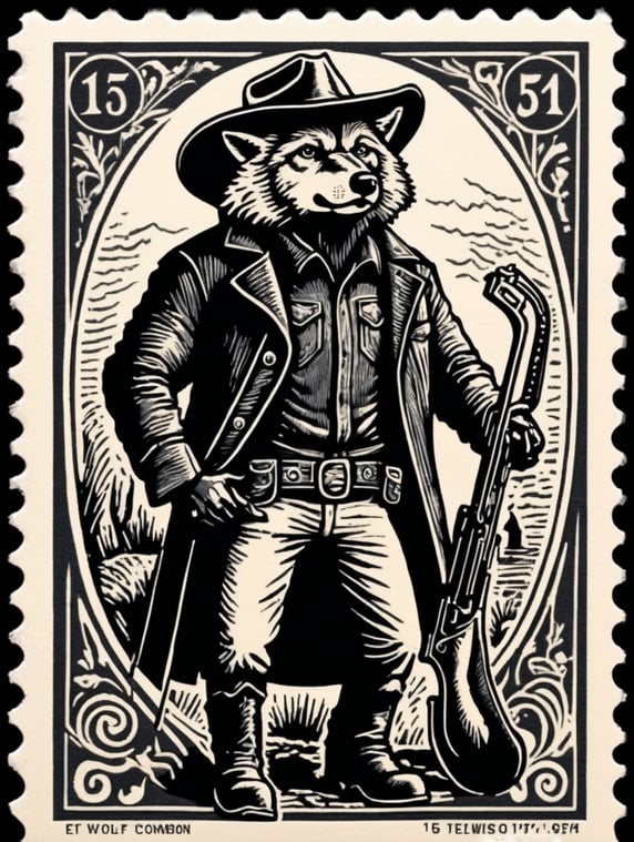 Black and white linocut postage stamp old wolf cowboy thick bold dark lines