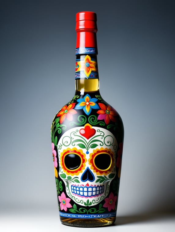 I need you to help me create an image for the label of a bottle of tequila from the Artequila brand, based on Huichol art and with reference to Valentine's Day, or February 14. It is for a special edition collectible bottle for that date when love is celebrated. I want the label not only to be presented on the bottle, but also to be flat so that all the details can be appreciated. This is a collectible bottle, that is why the design must be striking and different from the label we normally have. The Huichol art that I need you to consider for the label is the one that is made with colored beads, I would like you to use colors and figures related to love, it must include the word Passion in letters that give the impression of being in 3D. It can be with the Valentines Passions Font by Yun Studio.; Necesito que me ayudes a crear una imagen para la etiqueta de una botella de tequila de la marca Artequila, basado en el arte huichol y con referencia al día de San Valentín, o 14 de febrero. Es para una botella coleccionable de edición especial para esa fecha en la que se celebra al amor. La etiqueta quiero que no solo la presentes en la botella, sino que también esté en plano para poder apreciar todos los detalles. Ésta es una botella coleccionable, por eso es que el diseño debe ser llamativo y diferente a la etiqueta que tenemos normalmente. El arte huichol que necesito que consideres para la etiqueta es el que se hace con chaquiras de colores, me gustaría que utilices colores y figuras relacionados con el amor, debe incluir la palabra Passion en letras que den la impresión de estar en 3D. Puede ser con la fuente Valentines Passions Font de Yun Studio.