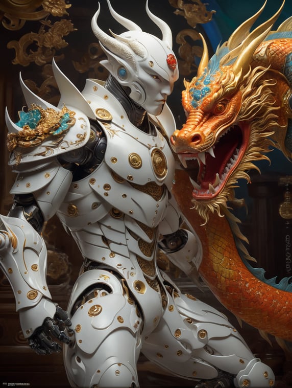 subsurface scattering, white, koi, robot deity with dragon armor, art nouveau swirls, vibrant colors, octane render, by jesper ejsing, james jean, justin gerard, tomasz alen kopera, cgsociety and fenghua zhong, highly detailed, rim light, art, cinematic lighting, very coherent, hyper realism, high detail, 8 k