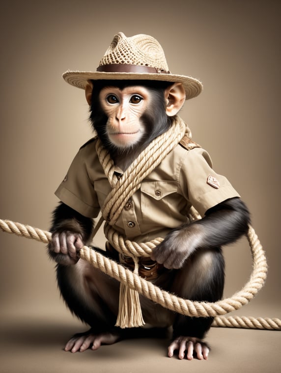monkey dressed like indiania jones with a rope