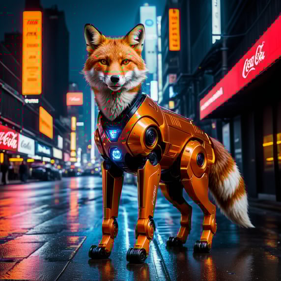 A sleek, neon-orange robotic fox stood on two legs, its glowing circuits pulsing as it strode through the rain-soaked streets of a futuristic New York. Towering billboards flashed around it—Coca-Cola holograms fizzing in mid-air, neon ads casting electric pinks and blues onto the wet pavement. Hovering cars zipped past, their trails blending into the endless glow of the city. The fox adjusted its sleek jacket, its LED eyes scanning the chaos. In a world of lights and metal, it moved with effortless style—a neon legend walking through the night.