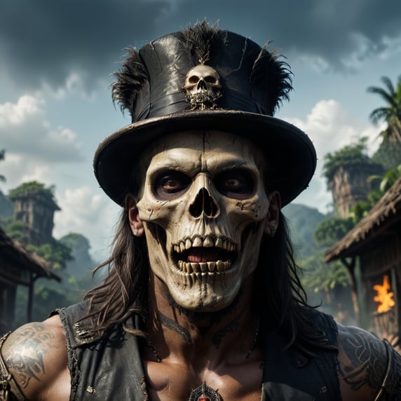 a screaming voodoo priest, eyes wide open, crazy expression on the face, the face is made up like a skull, makeup is made of chalk and partly smeared, black and worn top hat with a brim made of chicken feathers and small skulls, black and worn leather vest, his neck and chest and arms are completely tattooed with voodoo symbols, a glass of rum in the left hand, the right fist stretched towards the sky, full body, midnight, tropical jungle scene in the background, depth of field, taken with an 85mm lens, extremely detailed photo