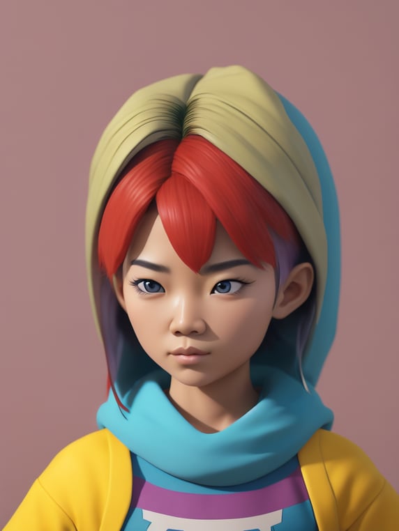 Cute 3d character, ninja, korean fashion, colorful hair, blender render, y2k, art toy, creative