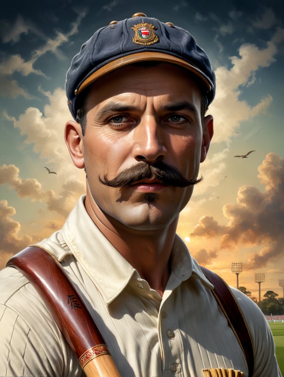 A 1920’s cricketer with a moustache and a cap, holding his bat standing at the crease in front of the stumps, in the style of a cigarette card. Show the whole of the man.