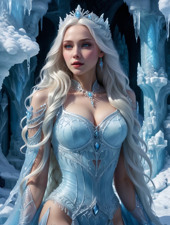 Ice princess living in ice castle. She is beautiful with white long hairIce princess living in ice castle. She is beautiful with white long hair