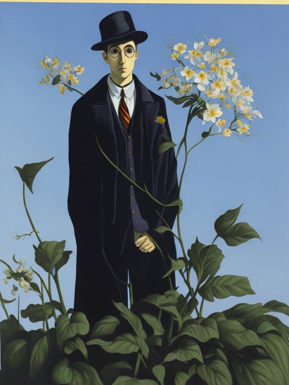 Harry potter with flowers, painted by rené magritte