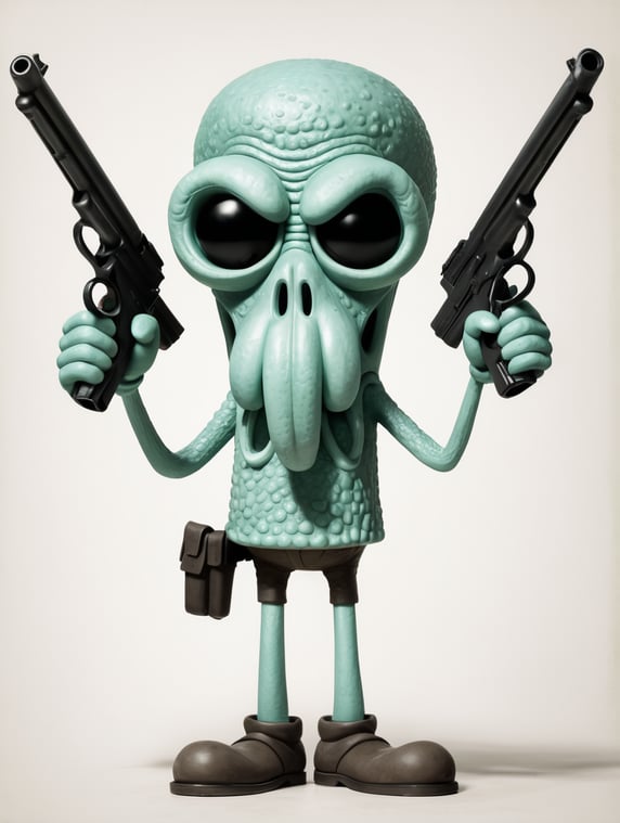 Squidward holding 3 guns