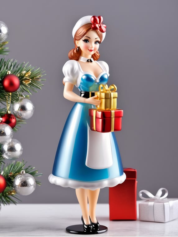 Woman pub waitress small glass glass figure holding gift box, christmas toy for the christmas tree