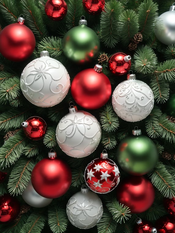 red and white christmas balls of different sizes, shiny finish, on green colored pine branches, top view