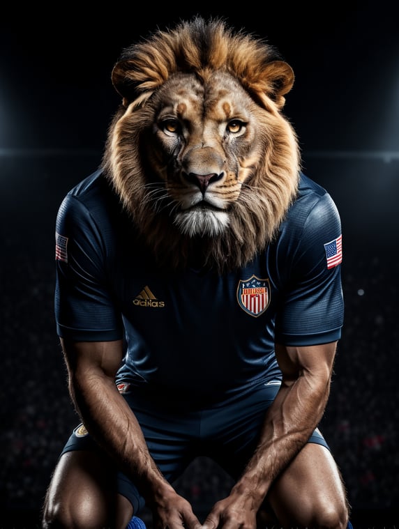 Full body, portrait, front facing, American soccer player, black background, dark atmosphere, lion