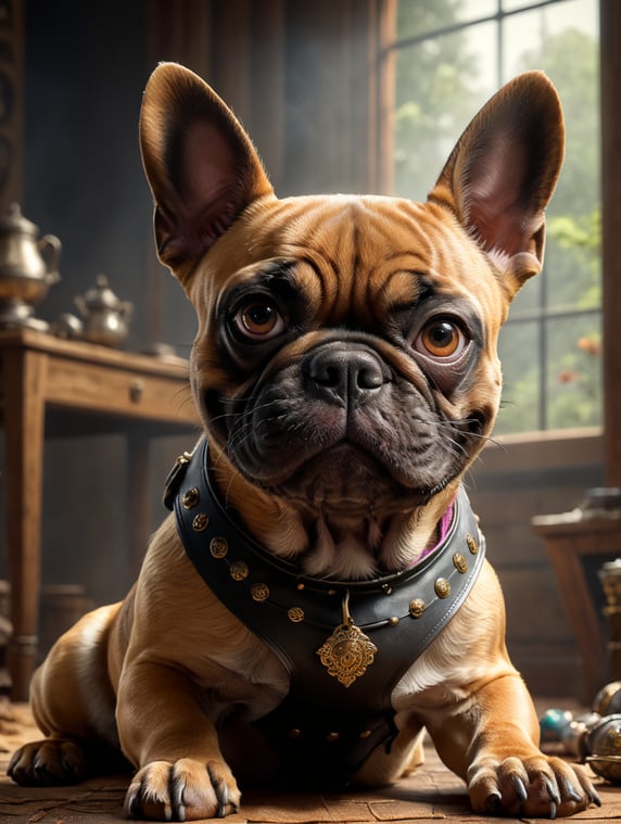 pixar disney poster, 3D render. tittle "yogi". Fawn with black mask french bulldog