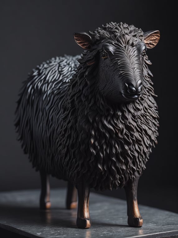 Small ebony carved sheep statue, handmade, clear details, professional woodcarver work