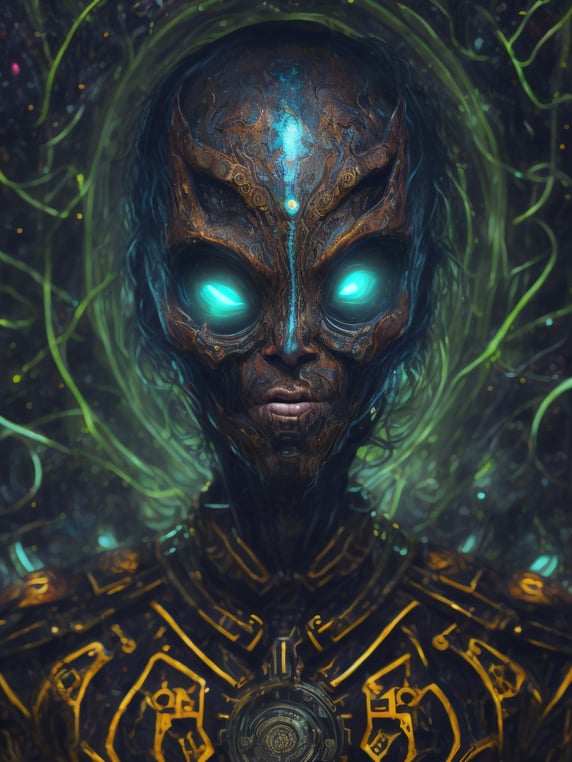 Portrait of an alien, batik, intricate details, surreal, Alien, Cyberpunk Trashcore Style