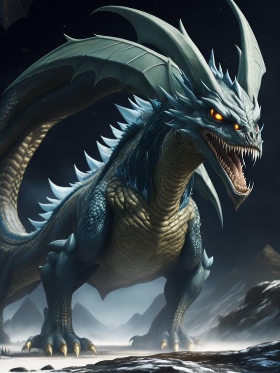 Kaiju with many sharp jagged ice crystals protruding from its back that have the ability to freeze the earth, has two dragon-like hind legs, bioluminescent scales all over its body, two arms with sharp claws attached, dragon-like neck & head including many sharp teeth, two eyes, and a snout. It also includes a long tail with sharp crystals at the tip to also be used as a weapon.