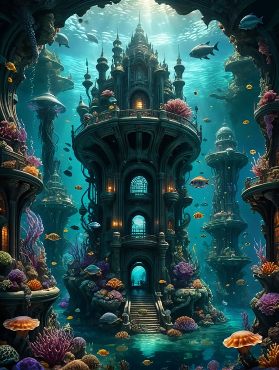 futuristic underwAter city, with mermaids, jelly fish, sea horses, nebular swirls