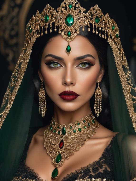 Deeply tanned woman with green eyes and full, red lips wearing a black veil and an ornate gold metal and diamond headpiece and necklace in a dark, moody setting
