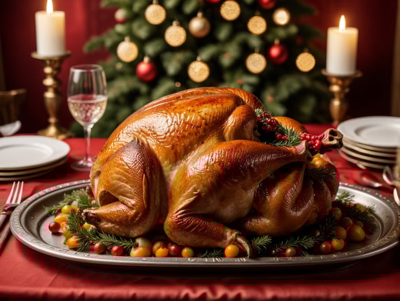 Whole baked turkey on metal tray at elegant Christmas dinner on table with red tablecloth inside luxury dining room, 4k, octane render, professional photography, highly detailed, front view, creative composition, studio lighting, realism, dramatic lighting, cuisine photography