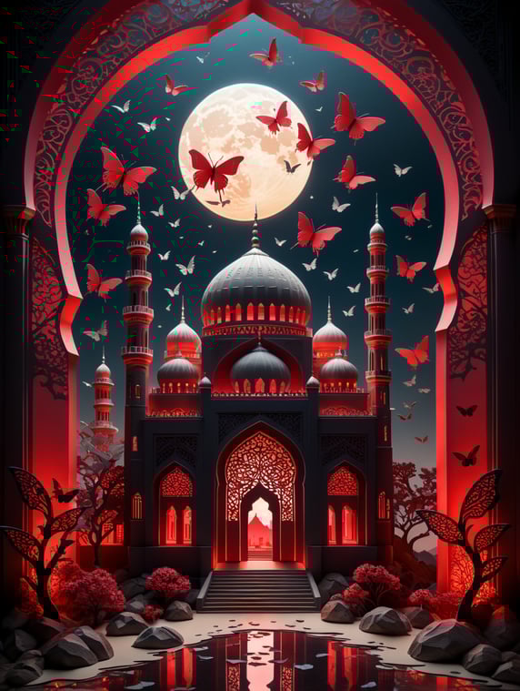 Paper cut scene, paper cut mosque in the foreground, red lighting behind moque, mystical atmosphere, paper cut butterflies flying around