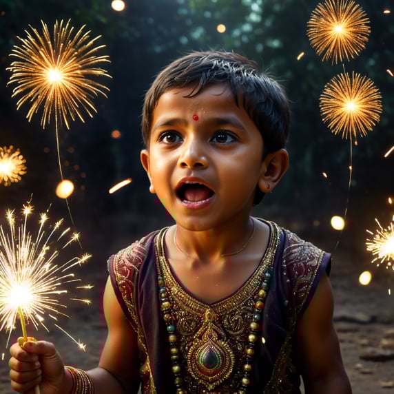 indian kid bursting sparkle crackers